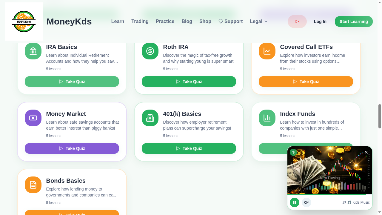 MoneyKds learning path with friendly lesson cards and quizzes about saving and investing