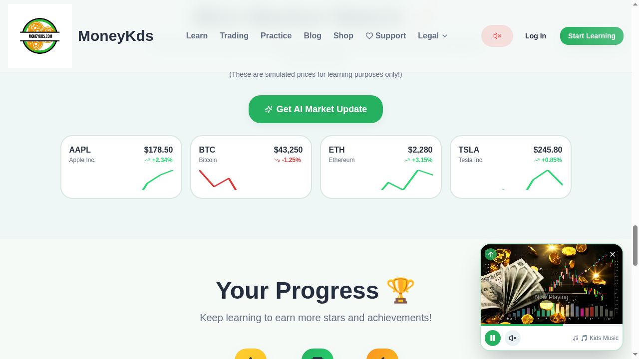 MoneyKds mini market watch showing live mini charts for Apple, Bitcoin, Ethereum and Tesla