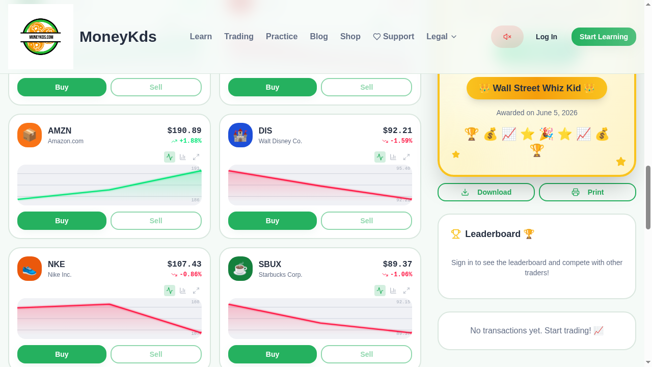 MoneyKds trading simulator showing colorful stock cards with live charts and buy and sell buttons